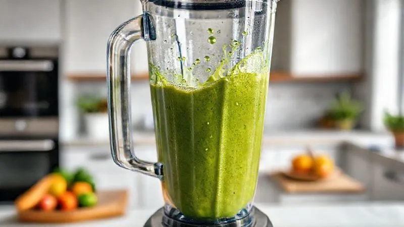 A photorealistic, professional photography, 8K, cinematic lighting, sharp focus, depth of field, shot on a high-end DSLR. A high-speed blender in action, blades blurring, creating a vortex of a thick, creamy, vibrant green smoothie. Droplets are artfully suspended around the inside of the clear blender jar, illustrating the powerful blending process. The surrounding kitchen is clean and modern, with soft natural light.