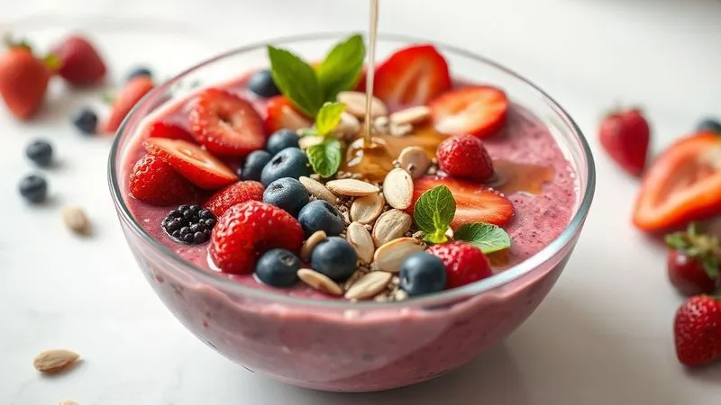 Photorealistic, professional photography, 8K, cinematic lighting, sharp focus, depth of field, shot on a high-end DSLR. A beautifully arranged gourmet smoothie bowl, vibrant with colors, topped with fresh berries, sliced almonds, chia seeds, and a drizzle of honey, on a clean white surface with soft, natural light, emphasizing a complete and balanced meal.