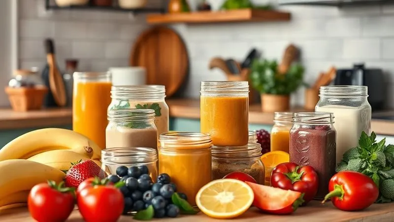 Photorealistic, professional photography, 8K, cinematic lighting, sharp focus, depth of field, shot on a high-end DSLR. An organized kitchen counter with various pre-portioned smoothie ingredients in glass jars and containers, fresh fruits and vegetables neatly arranged, ready for quick blending, with soft, diffused light.