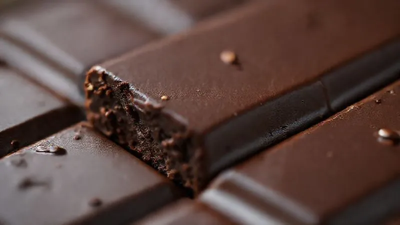 A photorealistic, professional photography close-up of a dark functional chocolate bar, rich in cocoa, with subtle visible inclusions of small healthy ingredients like chia seeds or goji berries. Cinematic lighting highlights its texture and deep color. Sharp focus, depth of field, 8K hyper-detailed, shot on a high-end DSLR.