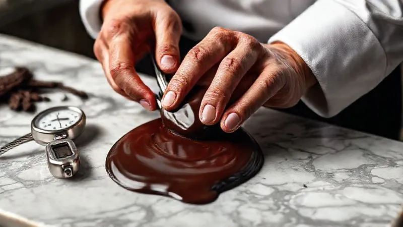 A photorealistic, professional photography shot of a chef's hands carefully tempering dark functional chocolate on a marble slab, with a thermometer visible. The chocolate has a beautiful sheen. Cinematic lighting, sharp focus on the chocolate and hands, depth of field, 8K hyper-detailed, shot on a high-end DSLR.