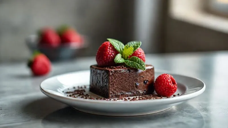 A photorealistic, professional photography shot of a perfectly plated single serving of a fit functional chocolate dessert, garnished with fresh raspberries, a mint leaf, and a sprinkle of cocoa nibs. The background is softly blurred, focusing on the elegant presentation. Cinematic lighting, sharp focus, depth of field, 8K hyper-detailed, shot on a high-end DSLR.