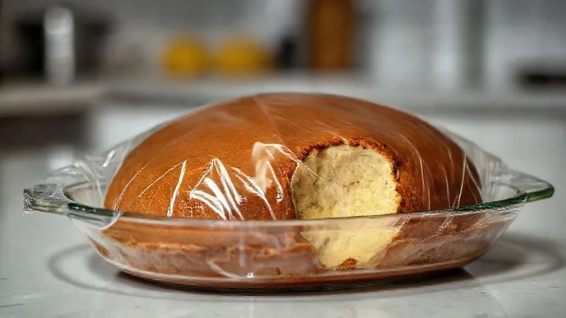 photorealistic, professional photography, 8K, cinematic lighting, sharp focus, depth of field, shot on a high-end DSLR. A perfectly smooth, glossy mass of brigadeiro cooling in a glass dish, covered with plastic film touching its surface, on a clean kitchen counter. The light highlights the rich brown color and creamy texture of the mass, with a subtle blur in the background.