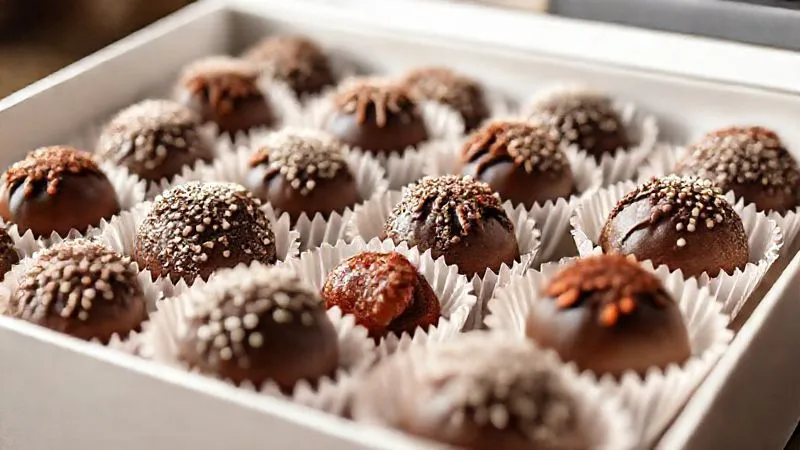 photorealistic, professional photography, 8K, cinematic lighting, sharp focus, depth of field, shot on a high-end DSLR. A display of exquisitely arranged gourmet brigadeiros in elegant paper cups, nestled in a pristine white gift box with a clear lid, ready for sale. The lighting emphasizes the glossy finish and perfect shape of each brigadeiro, conveying a sense of luxury and freshness.