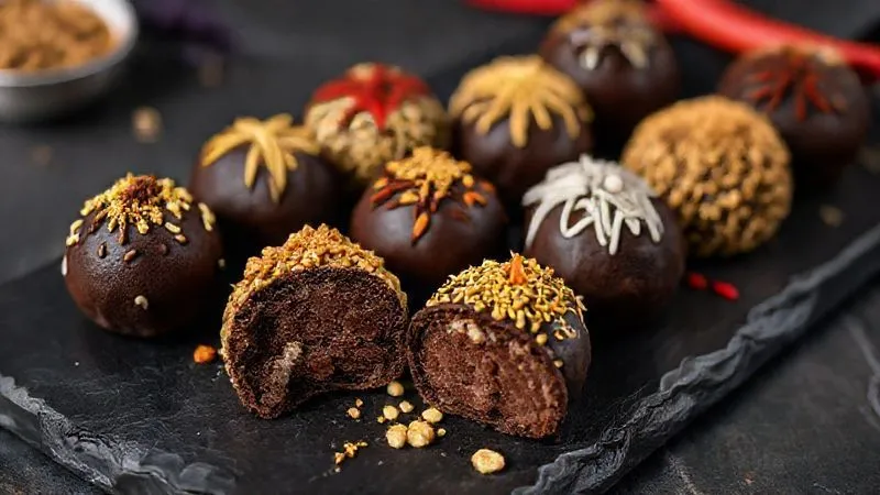 photorealistic, professional photography, 8K, cinematic lighting, sharp focus, depth of field, shot on a high-end DSLR. A vibrant assortment of unique gourmet brigadeiros, each with a distinct topping like edible gold flakes, dried lavender, pistachios, and chili threads, artfully arranged on a sleek, dark slate board. The visual emphasizes innovation and sophisticated presentation.
