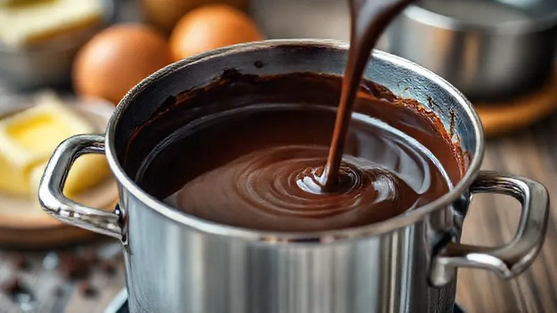 photorealistic, professional photography, 8K, cinematic lighting, sharp focus, depth of field, shot on a high-end DSLR. A close-up of premium dark chocolate melting slowly in a double boiler, creating a luxurious, glossy texture. The background shows blurred high-quality baking ingredients like butter and eggs, emphasizing the start of a gourmet recipe.