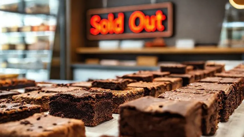 photorealistic, professional photography, 8K, cinematic lighting, sharp focus, depth of field, shot on a high-end DSLR. A beautifully arranged display of gourmet brownies in a modern, well-lit bakery counter, each brownie perfectly preserved and appealing. A subtle 'Sold Out' sign in the background, implying high demand due to quality and freshness.