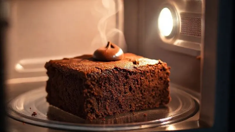photorealistic, professional photography, 8K, cinematic lighting, sharp focus, depth of field, shot on a high-end DSLR. A single, rich brownie slice being gently warmed in a microwave, with a soft glow emanating, steam subtly rising, and a perfect, slightly melted chocolate chip on top. The focus is on the brownie's renewed warmth and softness.