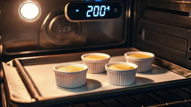 A photorealistic, professional photography shot of an oven interior, with a digital oven thermometer clearly displaying 200°C. Several small, elegant ramekins containing petit gateau batter are placed evenly on a baking sheet, ready for baking. The scene has cinematic lighting, sharp focus on the thermometer and ramekins, with a shallow depth of field, evoking precision and control in the baking process. 8K hyper-detailed.