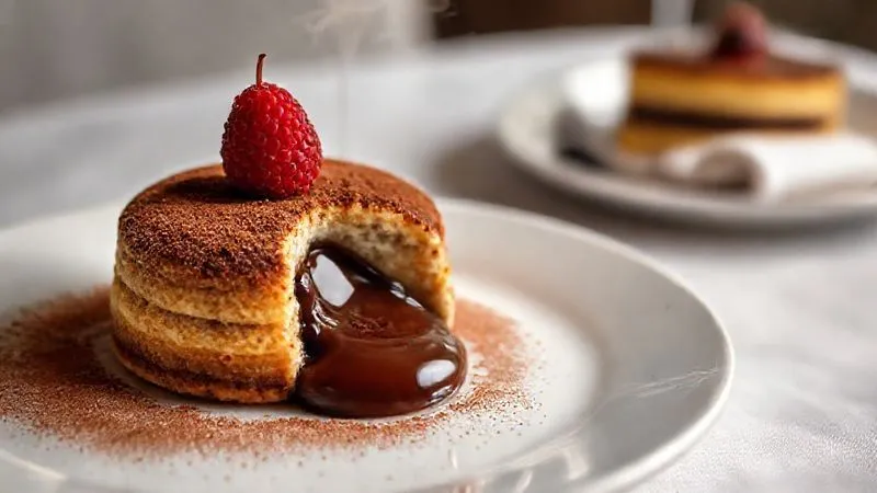 A professional photography shot of a perfectly plated petit gateau, adorned with a dusting of cocoa powder and a single raspberry, on a minimalist white plate. A delicate stream of molten chocolate oozes from the center. The background is a soft, elegant blur of a restaurant setting, perhaps a linen tablecloth and a hint of fine cutlery. Cinematic lighting highlights the texture and steam, creating an alluring and sophisticated dessert portrait. 8K hyper-detailed, sharp focus on the dessert.