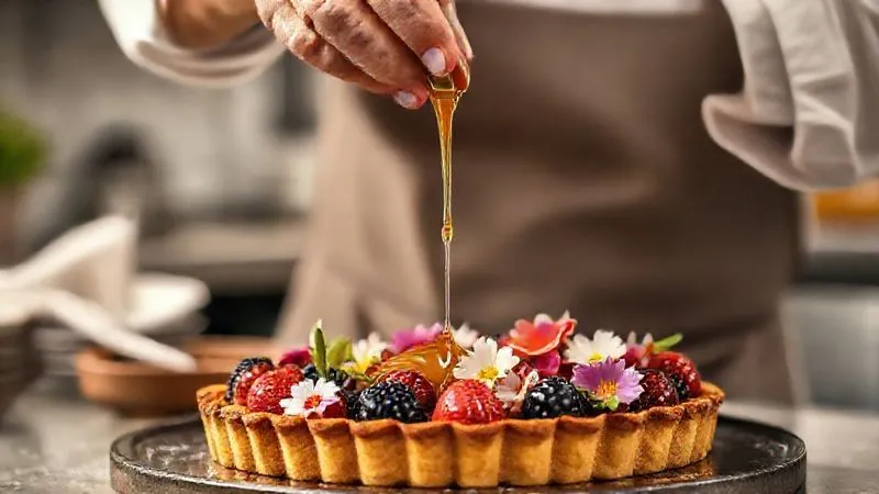 A photorealistic, professional photography, 8K, cinematic lighting, sharp focus, depth of field, shot on a high-end DSLR, of a chef's hands delicately drizzling a natural sweetener glaze over a beautifully baked functional tart, garnished with fresh berries and edible flowers. The kitchen background is softly blurred, highlighting the precision and artistry of the culinary process. Warm, inviting light illuminates the scene. A photorealistic, professional photography, 8K, cinematic lighting, sharp focus, depth of field, shot on a high-end DSLR, of a chef's hands delicately drizzling a natural sweetener glaze over a beautifully baked functional tart, garnished with fresh berries and edible flowers. The kitchen background is softly blurred, highlighting the precision and artistry of the culinary process. Warm, inviting light illuminates the scene.