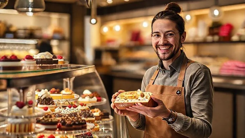 A photorealistic, professional photography, 8K, cinematic lighting, sharp focus, depth of field, shot on a high-end DSLR, of a beautifully arranged display of high-end functional desserts in a modern, minimalist patisserie window. The desserts are artfully garnished and brightly lit, attracting customers. A satisfied customer is smiling while holding a beautifully packaged functional dessert. The scene conveys success and customer delight. A photorealistic, professional photography, 8K, cinematic lighting, sharp focus, depth of field, shot on a high-end DSLR, of a beautifully arranged display of high-end functional desserts in a modern, minimalist patisserie window. The desserts are artfully garnished and brightly lit, attracting customers. A satisfied customer is smiling while holding a beautifully packaged functional dessert. The scene conveys success and customer delight.