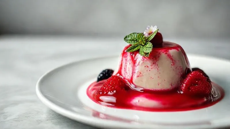 A photorealistic, professional photography, 8K, cinematic lighting, sharp focus, depth of field, shot on a high-end DSLR, of an exquisitely plated functional dessert. A vibrant berry panna cotta with a delicate mint sprig and edible flower, served on a minimalist white ceramic plate. The lighting highlights the glossy texture of the panna cotta and the intricate details of the garnish. The background is a soft, elegant blur, emphasizing the artistry of the dish. A photorealistic, professional photography, 8K, cinematic lighting, sharp focus, depth of field, shot on a high-end DSLR, of an exquisitely plated functional dessert. A vibrant berry panna cotta with a delicate mint sprig and edible flower, served on a minimalist white ceramic plate. The lighting highlights the glossy texture of the panna cotta and the intricate details of the garnish. The background is a soft, elegant blur, emphasizing the artistry of the dish.
