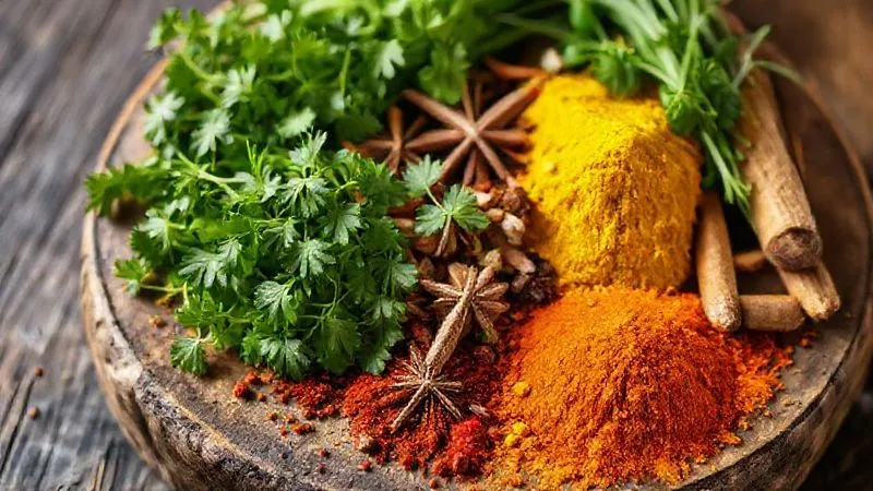 A photorealistic, professional photography shot of a vibrant assortment of fresh herbs like parsley, cilantro, basil, and rosemary, alongside colorful spices such as cumin, turmeric, and paprika, arranged artfully on a rustic wooden board. Cinematic lighting, sharp focus on the textures of the herbs and spices, depth of field blurring the background. 8K hyper-detailed, shot on a high-end DSLR.