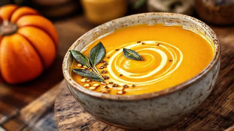 A photorealistic image of a beautifully presented bowl of creamy pumpkin soup, garnished with toasted pumpkin seeds, a swirl of extra virgin olive oil, and fresh sage leaves. The soup has a rich, inviting orange color and a silky texture. Cinematic lighting, sharp focus on the soup and garnishes, depth of field blurring a rustic kitchen background. 8K hyper-detailed, professional photography, shot on a high-end DSLR.