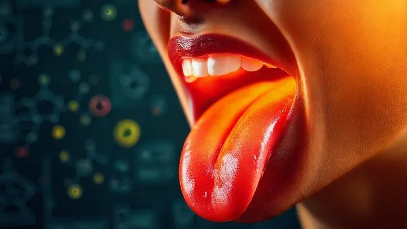 A photorealistic, professional photography image illustrating the science of taste. A stylized human tongue with various taste buds highlighted, surrounded by abstract representations of flavor molecules and aromatic compounds. The background is clean and scientific, with soft, cinematic lighting. Sharp focus on the tongue and molecules, depth of field blurring subtle scientific diagrams. 8K hyper-detailed, shot on a high-end DSLR.
