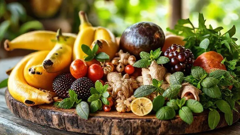 A photorealistic, professional photography shot of a vibrant assortment of fresh, colorful Brazilian fruits and herbs like açaí, ginger, cupuaçu, caju, and mint, artfully arranged on a rustic wooden board, with soft, natural light highlighting their textures. The background shows a subtle, out-of-focus hint of a traditional Brazilian market or a lush garden, 8K hyper-detailed, cinematic lighting, sharp focus, depth of field, shot on a high-end DSLR, conveying freshness and natural abundance.