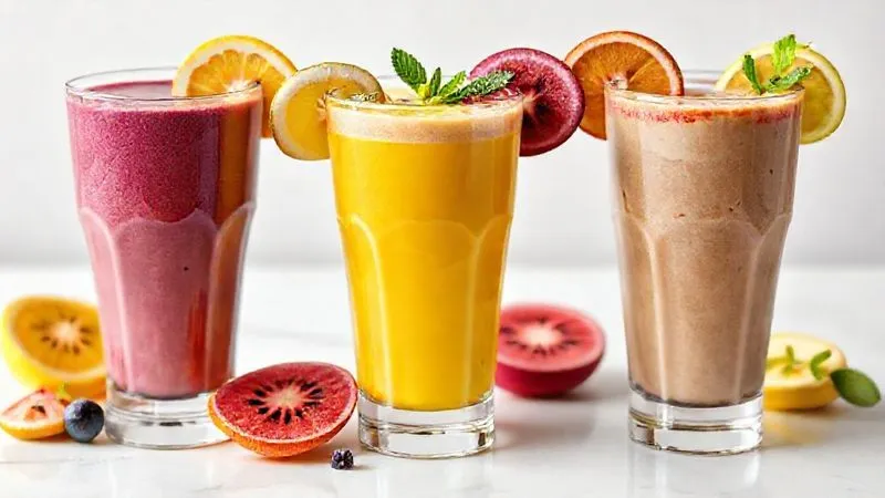 A photorealistic, professional photography shot of three distinct glasses, each containing a vibrant Brazilian functional drink. One glass holds a deep purple açaí smoothie, another a bright yellow caju juice, and the third a creamy, light brown cupuaçu drink. All are garnished with corresponding fresh fruit slices and a sprig of mint, placed on a clean white surface with soft, natural light, 8K hyper-detailed, sharp focus, depth of field, shot on a high-end DSLR, emphasizing natural colors and freshness.