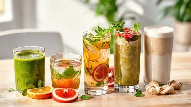 A photorealistic, professional photography shot showcasing a diverse array of prepared functional drinks. One glass has a vibrant green smoothie, another a steaming cup of herbal tea, a third a refreshing fruit-infused water, and a fourth a creamy, layered smoothie. All are artfully arranged on a light wooden table, with fresh ingredients like mint, fruit slices, and ginger scattered around, bathed in soft, inviting natural light, 8K hyper-detailed, sharp focus, depth of field, shot on a high-end DSLR, emphasizing health and culinary appeal.