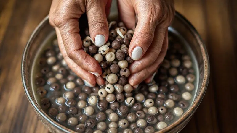 A photorealistic, professional photography, 8K image showing hands gently rubbing soaked black-eyed peas (feijão fradinho) in a bowl of water, with the white skins visibly separating from the beans. Cinematic lighting, sharp focus on the hands and beans, depth of field, shot on a high-end DSLR, conveying a sense of traditional culinary preparation and care. A photorealistic, professional photography, 8K image showing hands gently rubbing soaked black-eyed peas (feijão fradinho) in a bowl of water, with the white skins visibly separating from the beans. Cinematic lighting, sharp focus on the hands and beans, depth of field, shot on a high-end DSLR, conveying a sense of traditional culinary preparation and care.