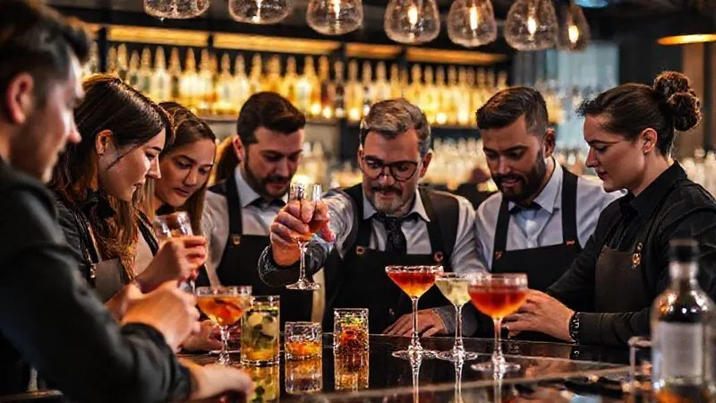 A photorealistic image of a group of diverse bartenders intently participating in a sensory evaluation workshop, tasting different cocktail variations with focus. A mentor-like figure is guiding them, pointing to flavor wheels. The setting is a modern, well-lit bar, with professional equipment. Cinematic lighting, sharp focus on the faces and glasses, depth of field. Professional photography, 8K, shot on a high-end DSLR.