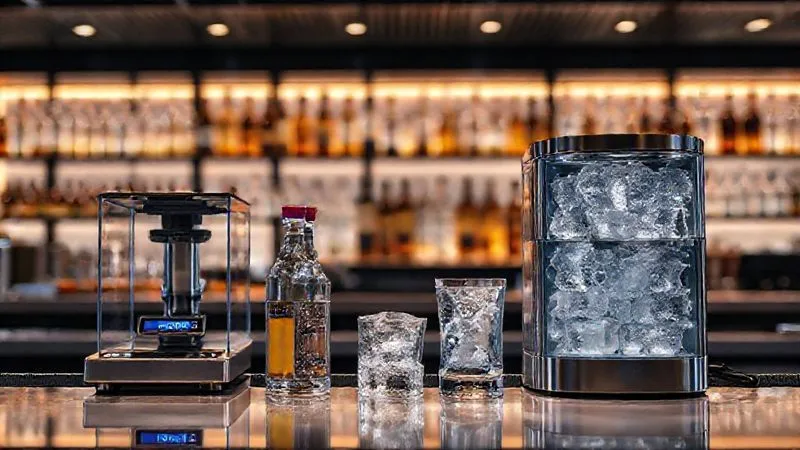 A photorealistic image of a sleek, modern bar station featuring advanced mixology equipment: a high-precision digital scale, a sous-vide machine with bottles infusing, and a sophisticated ice machine dispensing crystal-clear cubes. The background shows a clean, minimalist bar design with cinematic lighting, emphasizing innovation and efficiency. Sharp focus on the equipment, depth of field. Professional photography, 8K, shot on a high-end DSLR.