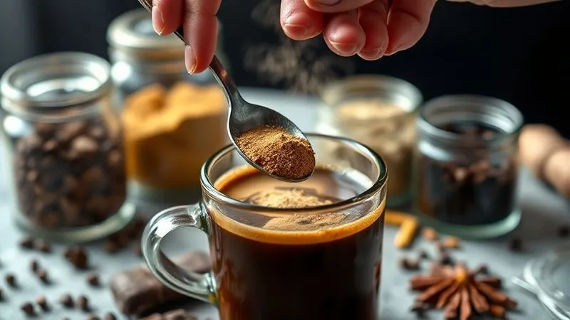 A close-up, photorealistic image of a hand adding a spoonful of powdered Lion's Mane mushroom extract into a steaming cup of coffee, with various adaptogens and spices in elegant glass jars blurred in the background. Cinematic lighting, sharp focus on the hand and spoon, depth of field, 8K, professional photography, shot on a high-end DSLR, conveying a sense of mindful preparation and natural health.