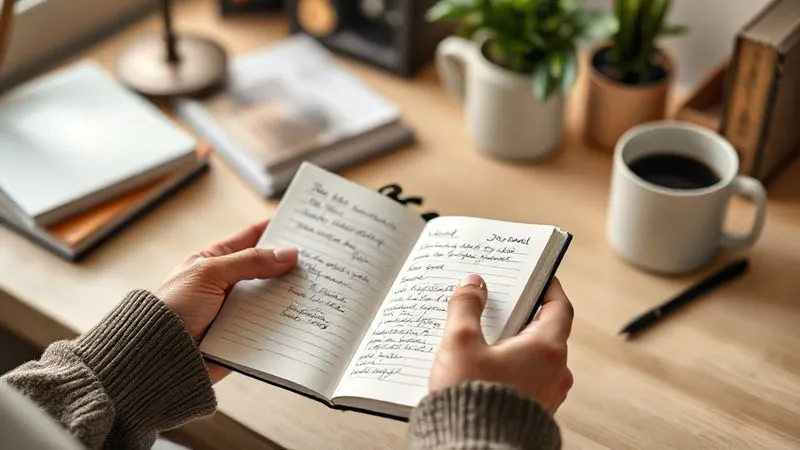 A photorealistic image of a person's hands holding a minimalist journal open to a page with handwritten notes about daily energy levels, focus, and mood, next to a stylish functional coffee mug. The setting is a cozy, well-lit home office, emphasizing introspection and personalized well-being. Professional photography, 8K, cinematic lighting, sharp focus on the journal, depth of field, shot on a high-end DSLR.