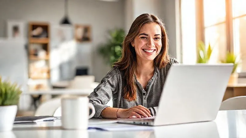 A photorealistic image of a woman, Ana, smiling confidently while working on her laptop in a bright, modern office setting, with a functional coffee mug within reach. The scene conveys a sense of calm productivity and mental clarity, bathed in soft, natural light. Professional photography, 8K, cinematic lighting, sharp focus on Ana, depth of field, shot on a high-end DSLR, showing her thriving in her work.