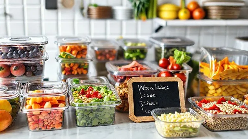A photorealistic image of a well-organized kitchen counter with various meal prep containers filled with colorful fruits, chopped vegetables, and pre-cooked grains. A neatly written weekly breakfast menu is visible on a small chalkboard. The scene is bright and clean, emphasizing efficiency and healthy eating. professional photography, 8K, cinematic lighting, sharp focus, depth of field, shot on a high-end DSLR.
