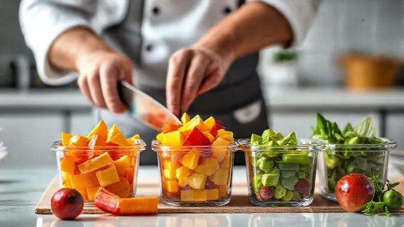 A photorealistic image of a chef's hands expertly chopping colorful fresh fruits and placing them into glass meal prep containers. The background shows a clean, modern kitchen with soft, diffused lighting. The focus is on the precision and efficiency of the food preparation process. professional photography, 8K, cinematic lighting, sharp focus, depth of field, shot on a high-end DSLR.