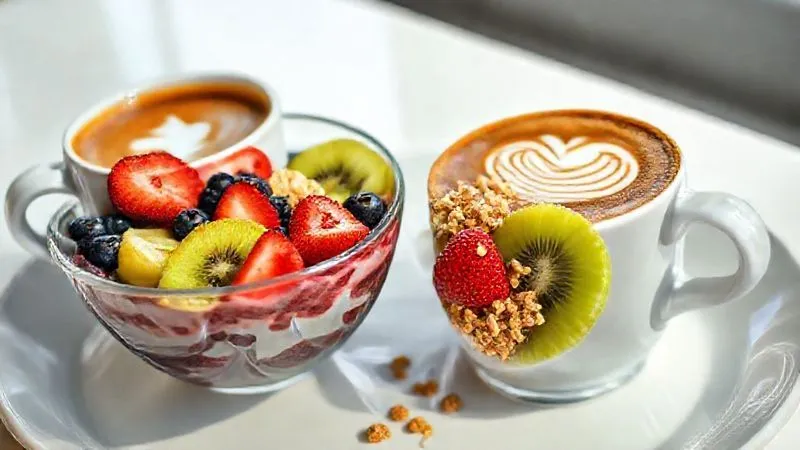 A photorealistic close-up of a beautifully plated gourmet breakfast. A vibrant acai bowl with perfectly arranged fresh berries, kiwi slices, and a sprinkle of granola sits next to a steaming cup of coffee with latte art. The setting is bright and inviting, showcasing attention to detail in presentation. professional photography, 8K, cinematic lighting, sharp focus, depth of field, shot on a high-end DSLR.