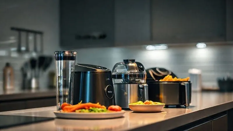 A photorealistic shot of a modern kitchen counter showcasing an array of sleek, time-saving kitchen gadgets: a high-speed blender, a compact food processor, and an air fryer. The items are neatly arranged with cinematic lighting highlighting their design and utility. professional photography, 8K, cinematic lighting, sharp focus, depth of field, shot on a high-end DSLR.