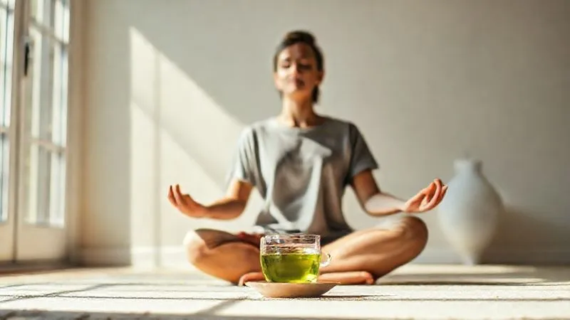 A photorealistic image of a person meditating calmly in a sunlit, minimalist room, with a freshly brewed cup of green tea beside them. The scene conveys peace, focus, and holistic well-being. Soft, warm cinematic lighting, sharp focus on the person and tea, depth of field, 8K, professional photography, shot on a high-end DSLR. A photorealistic image of a person meditating calmly in a sunlit, minimalist room, with a freshly brewed cup of green tea beside them. The scene conveys peace, focus, and holistic well-being. Soft, warm cinematic lighting, sharp focus on the person and tea, depth of field, 8K, professional photography, shot on a high-end DSLR.