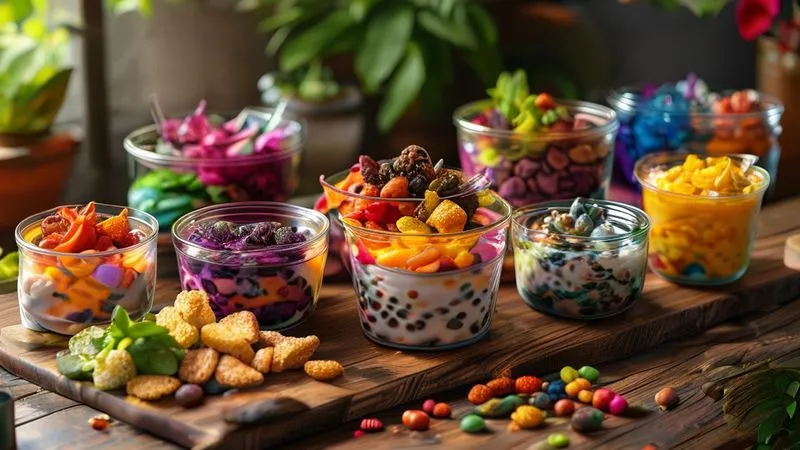 Photorealistic, professional photography, 8K, cinematic lighting, sharp focus on a beautiful, diverse spread of healthy, pre-prepped snacks: colorful wraps, vibrant yogurt parfaits in glass jars, individual portions of nut mixes, and homemade vegetable chips with dips, all arranged on a rustic wooden board, depth of field blurring a cozy kitchen setting, shot on a high-end DSLR, conveying abundance, health, and gourmet appeal. Photorealistic, professional photography, 8K, cinematic lighting, sharp focus on a beautiful, diverse spread of healthy, pre-prepped snacks: colorful wraps, vibrant yogurt parfaits in glass jars, individual portions of nut mixes, and homemade vegetable chips with dips, all arranged on a rustic wooden board, depth of field blurring a cozy kitchen setting, shot on a high-end DSLR, conveying abundance, health, and gourmet appeal.