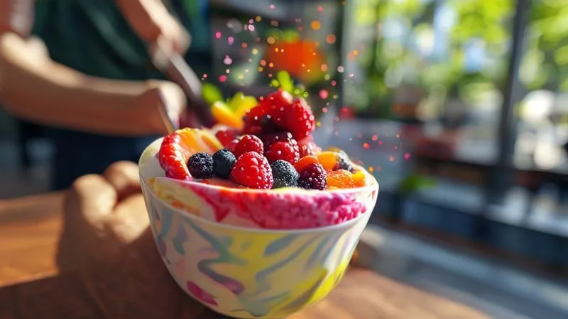 Photorealistic, professional photography, 8K, cinematic lighting, sharp focus on a vibrant, healthy snack (e.g., a yogurt parfait with berries and nuts) being enjoyed by a person with a bright, energetic expression, in a modern office or park setting, depth of field blurring the background, shot on a high-end DSLR, conveying vitality, focus, and well-being. Photorealistic, professional photography, 8K, cinematic lighting, sharp focus on a vibrant, healthy snack (e.g., a yogurt parfait with berries and nuts) being enjoyed by a person with a bright, energetic expression, in a modern office or park setting, depth of field blurring the background, shot on a high-end DSLR, conveying vitality, focus, and well-being.