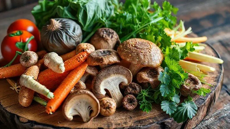 A close-up, photorealistic image of a vibrant assortment of fresh, organic vegetables and exotic mushrooms artfully arranged on a rustic wooden board, with soft natural light highlighting their textures and colors. Professional photography, 8K, cinematic lighting, sharp focus, depth of field, shot on a high-end DSLR.