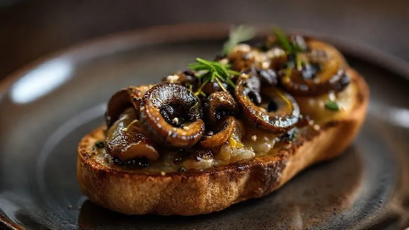 A close-up, photorealistic image of a gourmet vegan mini-bruschetta topped with sautéed wild mushrooms and a drizzle of truffle oil, elegantly presented on a small ceramic plate. Professional photography, 8K, cinematic lighting, sharp focus, depth of field, shot on a high-end DSLR.