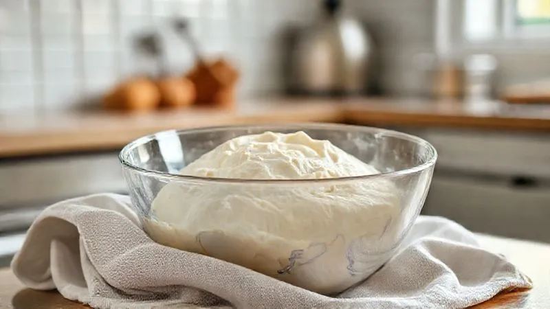 A photorealistic image of a bowl of freshly mixed low carb tapioca dough, covered with a clean kitchen towel, resting on a well-lit kitchen counter. The scene conveys a sense of patience and careful preparation, with soft, natural light enhancing the texture of the dough. Professional photography, 8K, cinematic lighting, sharp focus on the bowl, depth of field blurring the background, shot on a high-end DSLR.