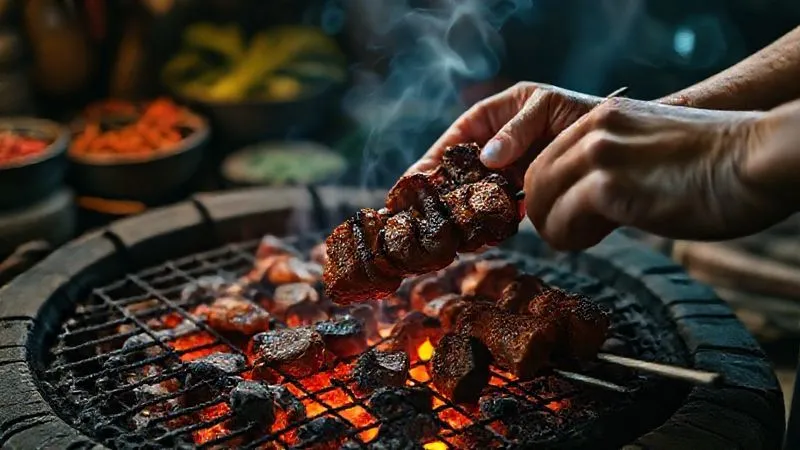 Photorealistic, professional photography, 8K, cinematic lighting, sharp focus, depth of field, shot on a high-end DSLR. A close-up of a rustic, ancient Turkish charcoal grill, with embers glowing and a subtle wisp of smoke rising. In the foreground, hands are carefully preparing small chunks of marinated meat, ready to be skewered. The background shows hints of a traditional Turkish market or kitchen, with spices and fresh vegetables.