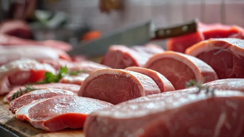 Photorealistic, professional photography, 8K, cinematic lighting, sharp focus, depth of field, shot on a high-end DSLR. A butcher's counter with various cuts of fresh, high-quality lamb and beef, clearly showing marbling and fat content. Focus on the raw meat, glistening under soft, natural light, with a traditional butcher knife in the background.