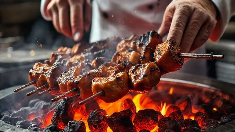 Photorealistic, professional photography, 8K, cinematic lighting, sharp focus, depth of field, shot on a high-end DSLR. A low-angle shot of a chef's hands expertly turning multiple Turkish kebab skewers over glowing charcoal embers. Sparks are gently flying, and the meat on the skewers shows perfect char marks and glistening juiciness. The background is a soft blur of smoke and heat haze.