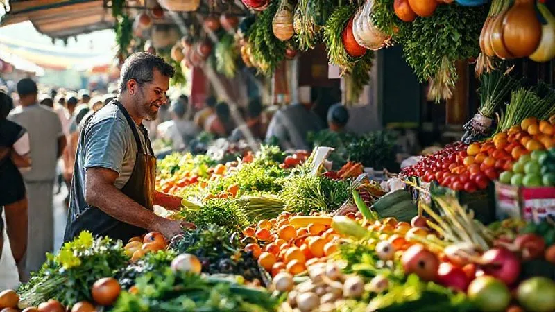 A photorealistic image of a bustling Brazilian municipal market stall, overflowing with vibrant, fresh fruits, vegetables, and herbs like cilantro and green onions. Sunlight streams through, highlighting the rich colors and textures. A friendly vendor is interacting with a customer. Professional photography, 8K, cinematic lighting, sharp focus on the produce, depth of field blurring the background crowd, shot on a high-end DSLR.
