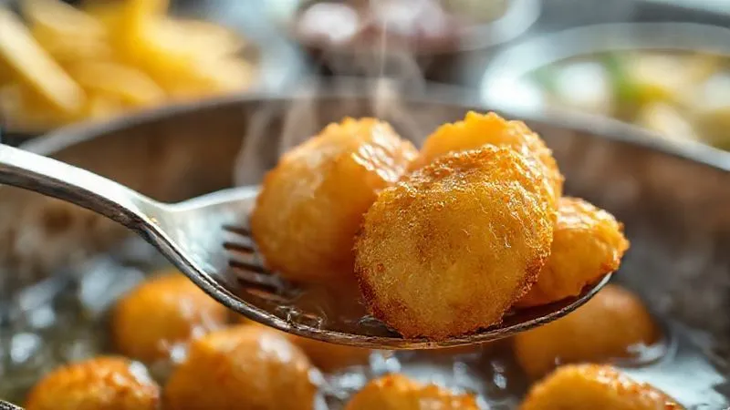A photorealistic close-up image of golden-brown, perfectly crispy bolinhos de bacalhau being carefully removed from a deep fryer with a metal slotted spoon, oil glistening. Steam rises gently. The background is softly blurred, showing other boteco dishes. Professional photography, 8K, cinematic lighting, sharp focus on the bolinhos, depth of field, shot on a high-end DSLR.