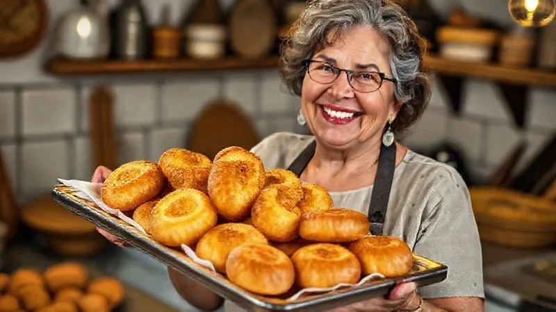 A photorealistic image of a joyful woman (Dona Lúcia) proudly presenting a tray of perfectly golden, crispy bolinhos de bacalhau and pastéis, smiling broadly in a cozy, rustic kitchen setting. The lighting is warm and inviting, highlighting the delicious food. Professional photography, 8K, cinematic lighting, sharp focus on the food and her happy expression, depth of field, shot on a high-end DSLR.
