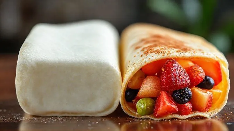A photorealistic image of two tapioca crepes side-by-side. One is plain, white, and unappetizing. The other is vibrant, filled with colorful fresh fruits and a sprinkle of cinnamon, looking delicious and healthy. Cinematic lighting, sharp focus on the flavorful tapioca, depth of field blurring the background. Shot on a high-end DSLR, 8K hyper-detailed.