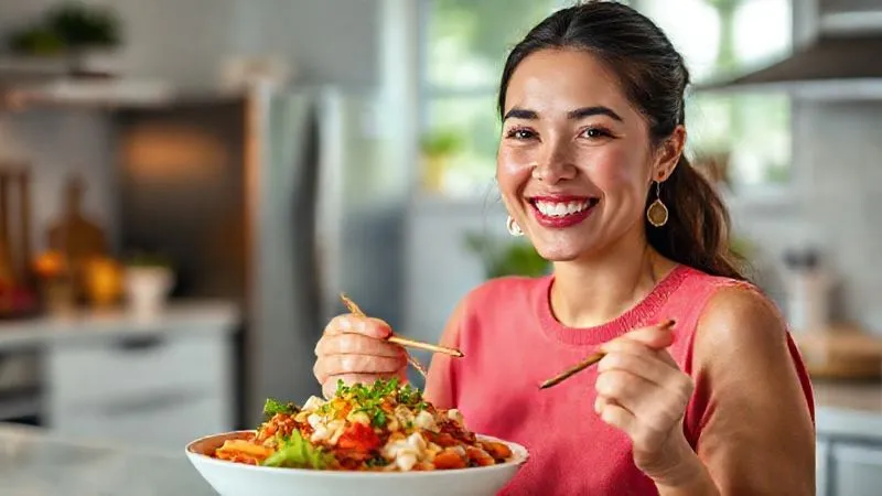 A photorealistic image of a woman, Ana, smiling genuinely as she enjoys a vibrant, colorful tapioca dish, looking satisfied and healthy. She is in a bright, modern kitchen. Cinematic lighting, sharp focus on her joyful expression and the food, depth of field blurring the background. Shot on a high-end DSLR, 8K hyper-detailed.