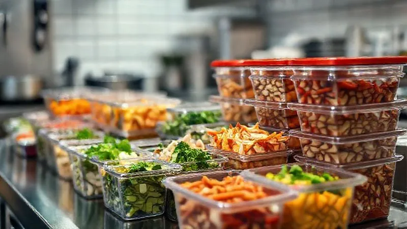 A photorealistic image of a neatly organized meal prep station in a modern kitchen, with various containers holding colorful, prepared ingredients for tapioca fillings (chopped fruits, cooked chicken, mixed vegetables, sauces). Cinematic lighting, sharp focus on the organized containers, depth of field blurring the background. Shot on a high-end DSLR, 8K hyper-detailed.
