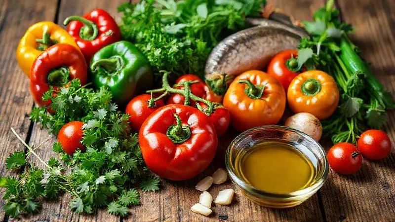 A photorealistic, professional photography shot of a vibrant assortment of fresh Brazilian ingredients laid out on a rustic wooden table: colorful bell peppers, cherry tomatoes, fresh cilantro, green onions, small pieces of fish, and a small bowl of dendê oil. 8K, cinematic lighting, sharp focus, depth of field.