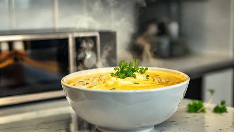 A close-up, photorealistic image of a steaming bowl of a vibrant, creamy Bobó de Camarão, garnished with fresh cilantro, sitting on a modern kitchen counter next to a microwave. The lighting is warm and inviting, highlighting the texture and color of the dish. Professional photography, 8K, cinematic lighting, sharp focus, depth of field.